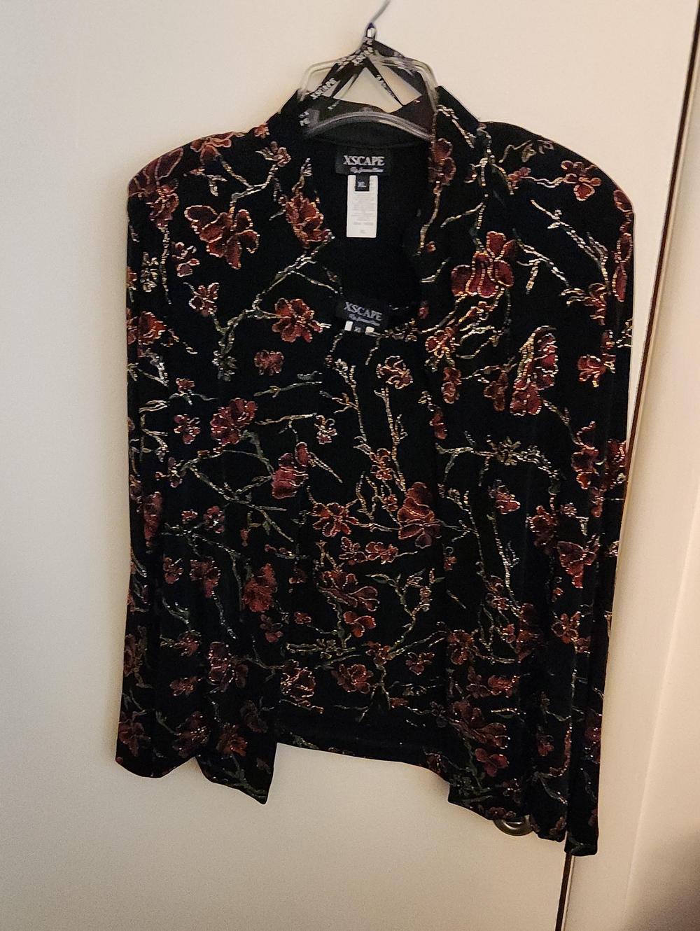 Xscape Black Velvet Blazer with Red Floral Embroidery and Gold Thread
